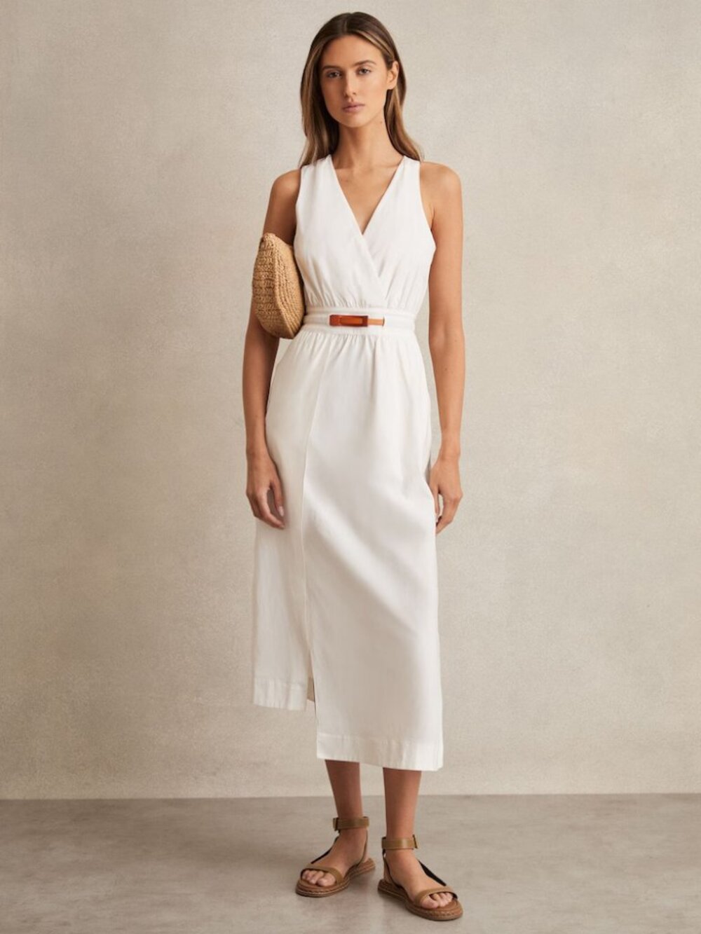 REISS Brianne poplin belted midi dress